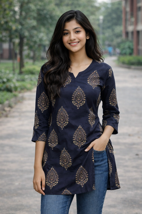 Black Large Paisley Print Aarong Cotton Kurti | Summer Kurti for Women