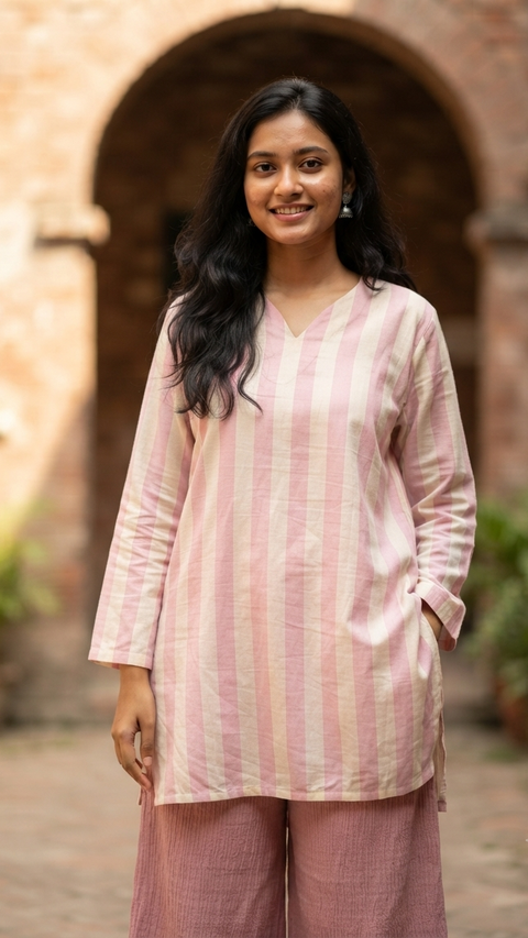 Pink & White Bold Stripe Kurti Plazzo set