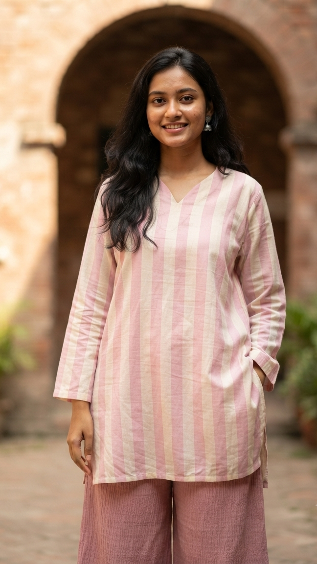Pink & White Bold Stripe Kurti Plazzo set