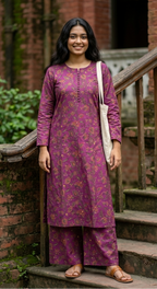 Purple Floral Foil Print Aarong Cotton Kurti | Summer Kurti for Women