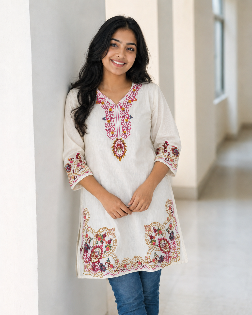 White Multicolor Embroidered Aarong Cotton Kurti | Summer Kurti for Women