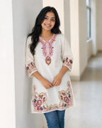 White Multicolor Embroidered Aarong Cotton Kurti | Summer Kurti for Women