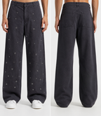 Women's High-Rise Baggy Wide Leg Eyelet Embellished Stretch Denim Jeans | Black