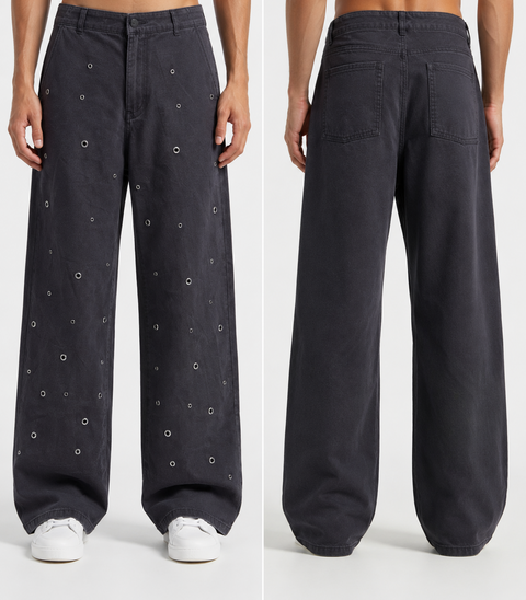 Women's High-Rise Baggy Wide Leg Eyelet Embellished Stretch Denim Jeans | Black