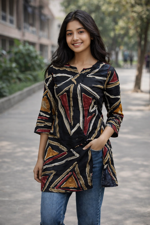 Black Geometric Abstract Print Aarong Cotton Kurti | Summer Kurti for Women