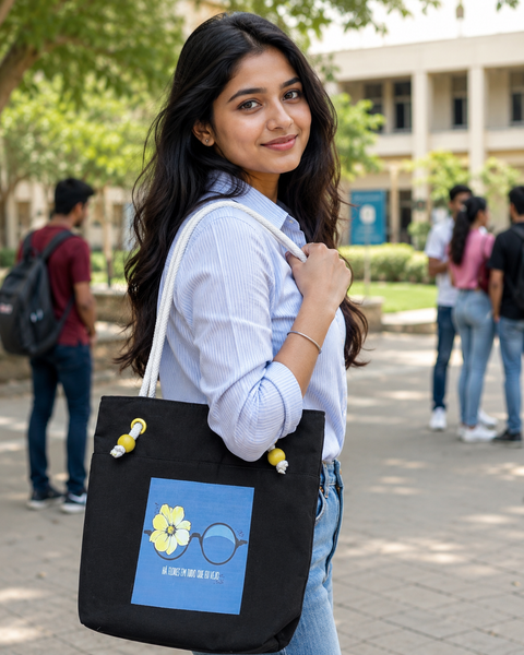 Floral Glasses Quote Art Tote Bag for Students & Working Women — Black
