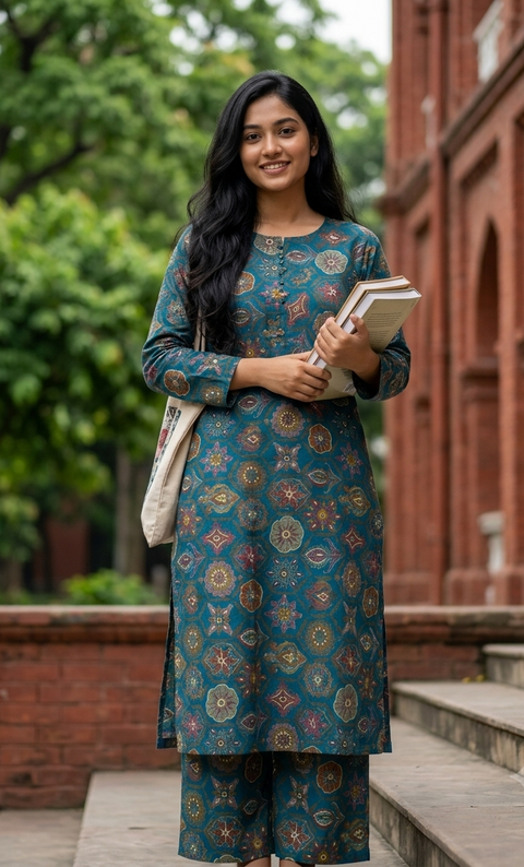 Teal Medallion Print Cotton Kurti