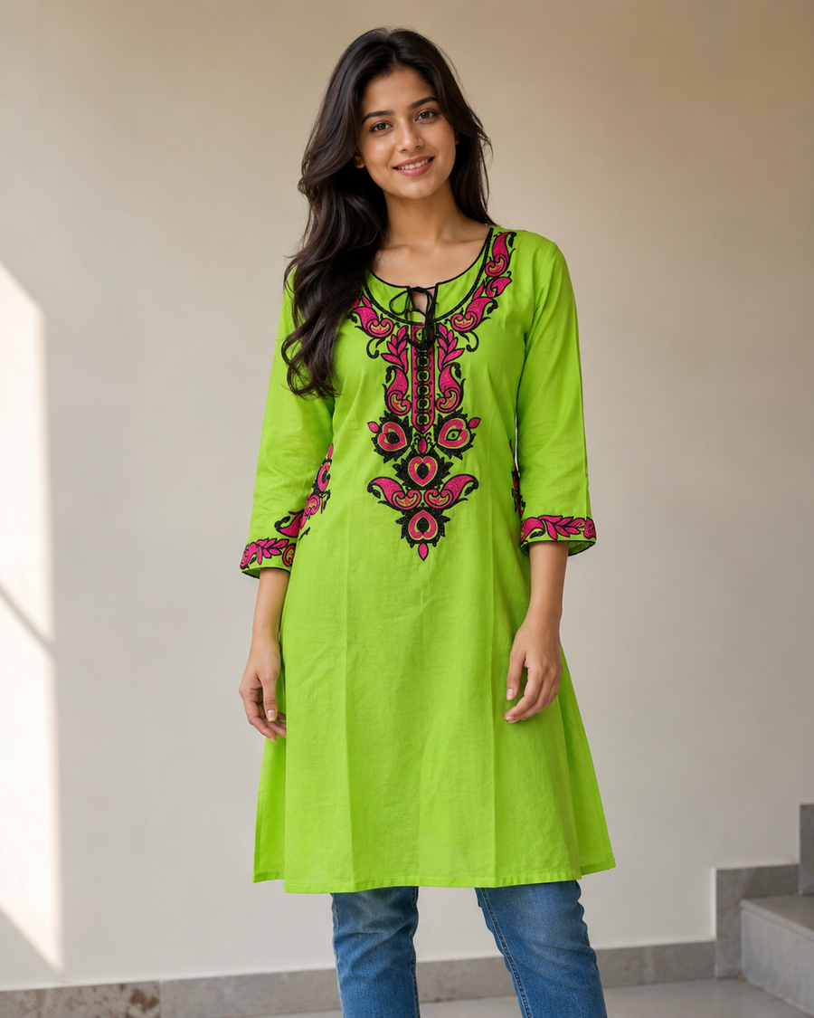 Lemon Green Embroidered Kurti