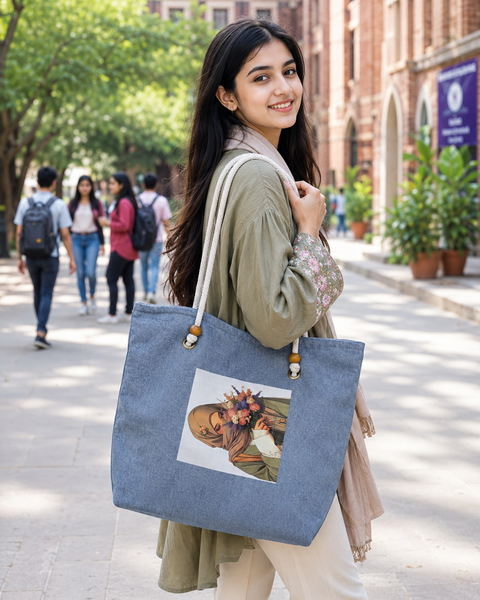 Floral Hijabi Art Tote Bag for Students & Working Women — Steel Blue