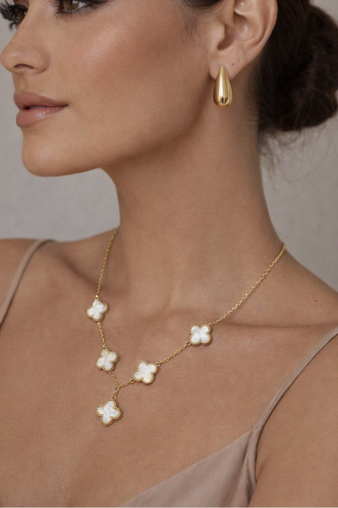 Gold Four-Leaf Clover Mother of Pearl Station Necklace – Vintage Luxury | One Size