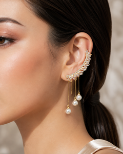 Crystal Leaf Ear Climber Earrings with Pearl Drops – Bridal Statement Jewelry | One Size