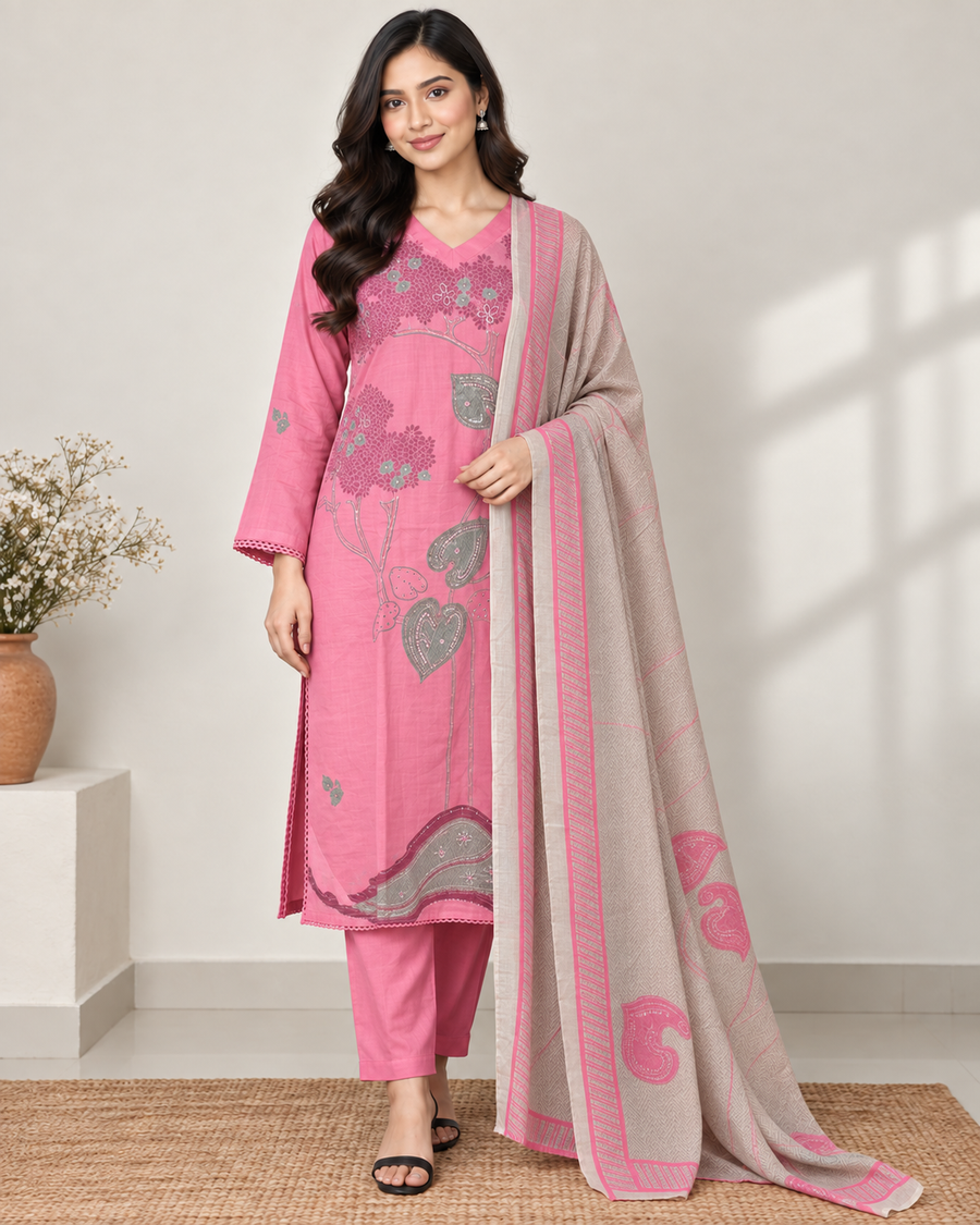 Ganga Pink Stitched Three-Piece Set