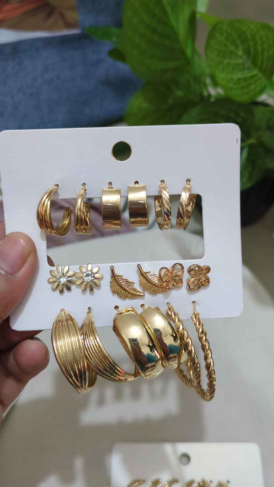 9-Pair Gold Earring Set – Vintage Hoops, Studs & Charms | One Size