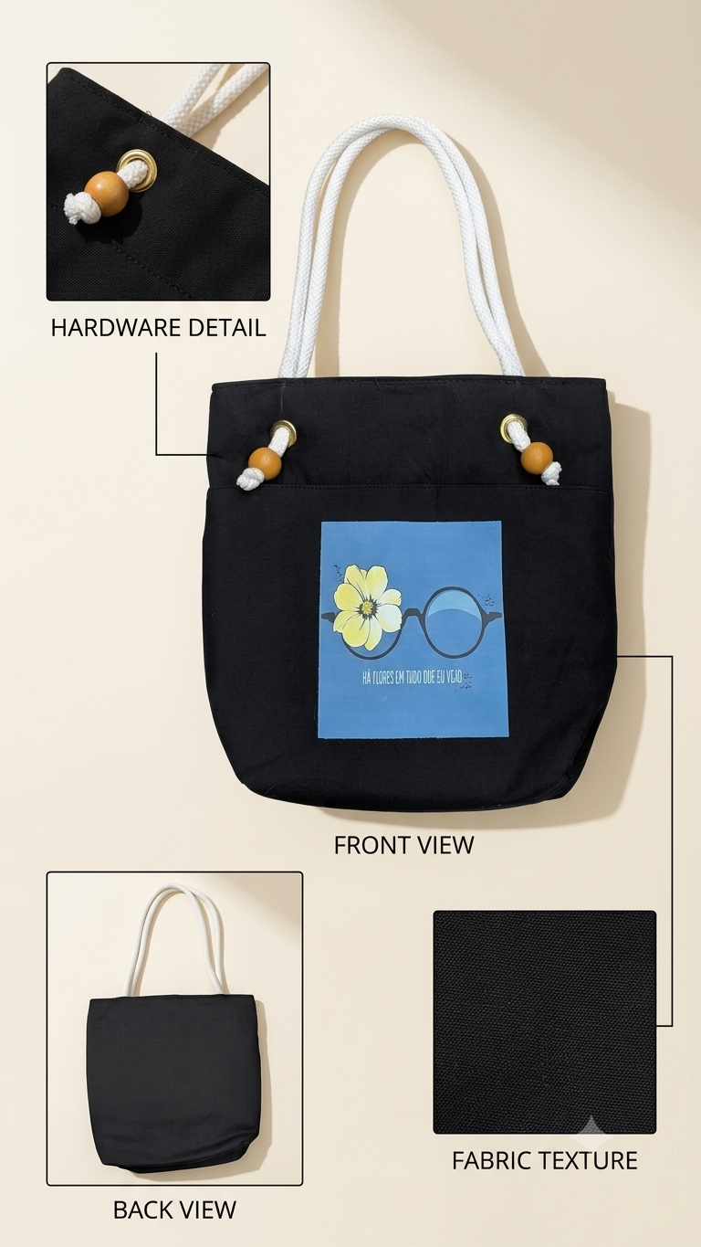 Floral Glasses Quote Art Tote Bag for Students & Working Women — Black