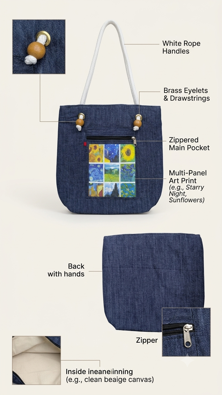 Van Gogh Art Collection Tote Bag for Students & Working Women — Navy Denim