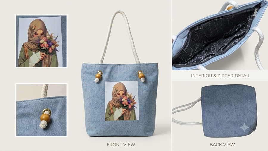Floral Hijabi Art Tote Bag for Students & Working Women — Steel Blue