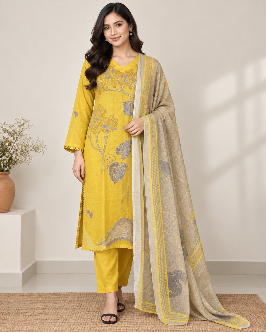 Yellow Ganga Stitched Three-Piece Set